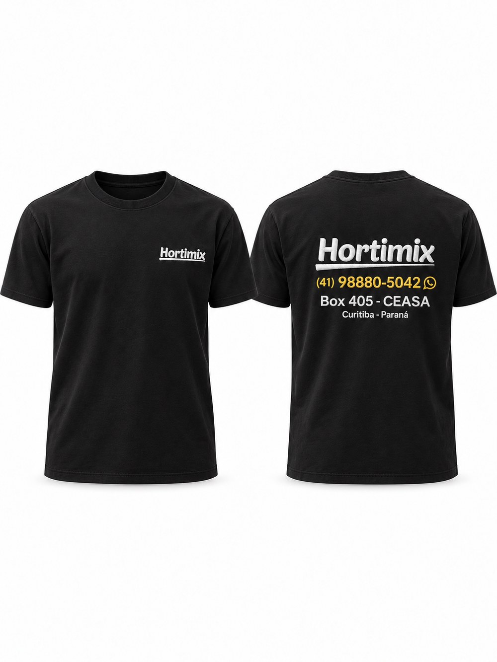 Camiseta — Marca na frente e contato nas costas, para o dia a dia.